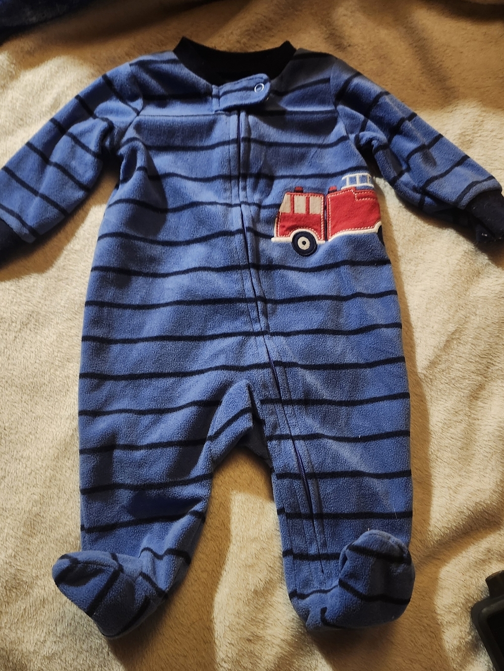 Carter's Blue Striped Footed One-Piece with Red Fire Truck